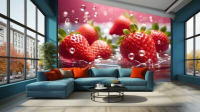 Fresh pink strawberries in water with bubbles and splashes, a cheerful and feminine backdrop of pink summer fruit. Wall mural