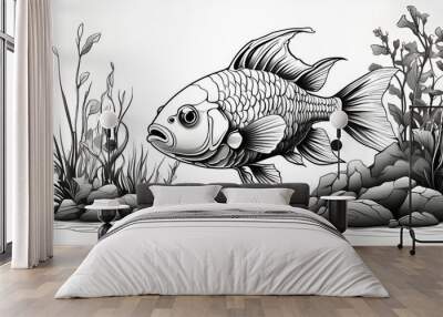 tropical fish clipart in watercolor Swimming parrotfish in multicolored watercolor style, encircled with gold accents, An image of a goldfish among water vegetation in black and white Black and white  Wall mural