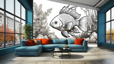 tropical fish clipart in watercolor Swimming parrotfish in multicolored watercolor style, encircled with gold accents, An image of a goldfish among water vegetation in black and white Black and white  Wall mural