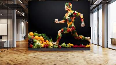 We are what we eat, so I take care of myself. picture of a running guy composed of bits of veggies and fruits—good sustenance for an entire, healthy life. diet, way of life, and dark background Wall mural