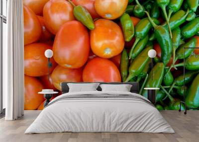 Green chillies and tomatoes side by side. top view, closeup shot. Wall mural