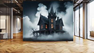 A haunting old mansion surrounded by fog creates an eerie atmosphere, perfect for Halloween themes and spooky storytelling Wall mural