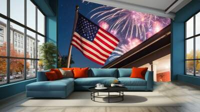 A suburban home with an American flag and vibrant fireworks in the night sky, capturing the festive essence of 4th of July and patriotic celebrations Wall mural