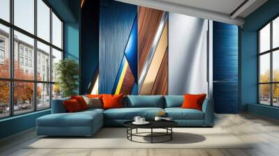 Abstract composition of polished metal and wood textures showcasing vibrant colors and dynamic reflections, emphasizing modern design aesthetics Wall mural