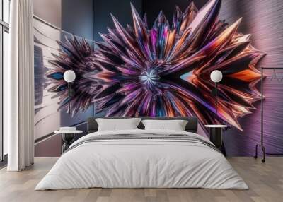 Dynamic, colorful abstract sculpture with shiny surfaces and geometric shapes, creating a modern artistic installation in a contemporary space. Wall mural