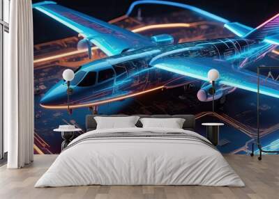 Futuristic airplane displayed over a glowing circuit board, blending aviation and technology, perfect for modern aviation and tech concepts Wall mural