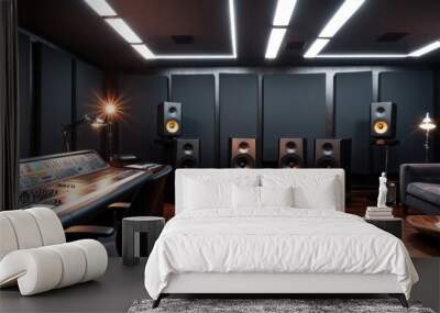 Modern audio mixing studio with professional equipment, ambient lighting, and comfortable seating designed for creativity and sound production. Wall mural