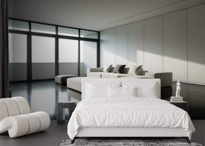 Modern minimalist interior with spacious room, sleek furniture, large windows, and soft natural light creating an inviting atmosphere. Wall mural