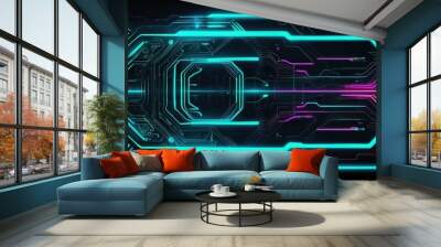 Neon lit futuristic circuit board image, perfect for tech, cyberpunk, or digital transformation concepts, suitable for high tech and sci fi themes Wall mural