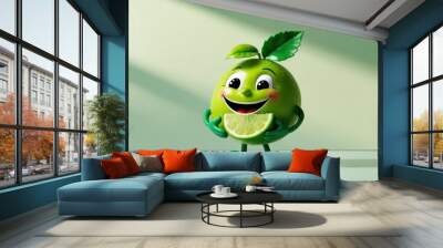 Playful lime character with joyful expression holding a lime slice, representing fun and freshness in healthy eating and creative design. Wall mural