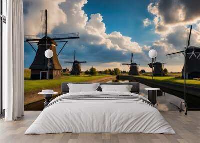 Scenic landscape featuring iconic windmills by water, under a dramatic sky with clouds, representing tranquility and rural beauty during golden hour Wall mural