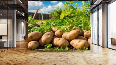 Vibrant garden scene featuring freshly harvested potatoes on lush green grass under sunny sky, showcasing nature's bounty and agricultural practices Wall mural