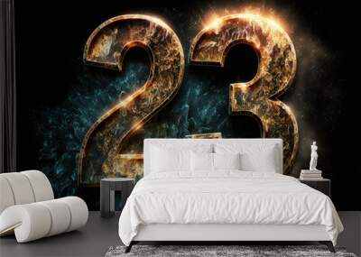 23 number, 3D render. Shiny gold and teal design. Wall mural