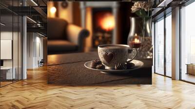 A cup of latte coffee with chocolates in a cozy home interior. Fireplace, wofa and flower in the background. Wall mural