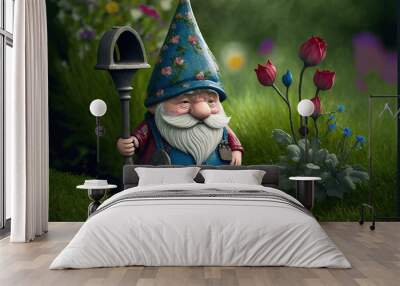 A cute and expressive garden gnome surrounded by vegetation. Photorealistic illustration. Wall mural