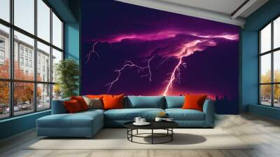 A purple thunderstorm at night with a lightning strike Wall mural