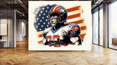 American football player portrait, with an american flag background. Illustration for the Super Bowl. Generative AI. Wall mural