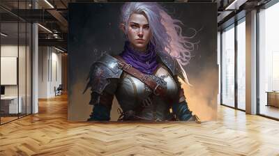 Female warrior with silver hair. Role-playing game illustration. Generative AI. Wall mural