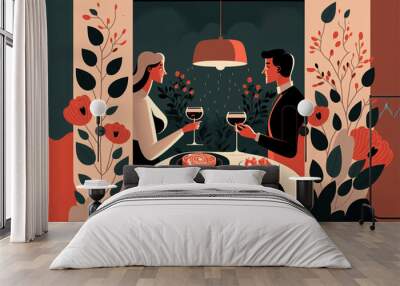 Flat design style illustration of a date. Two lovers dining together. Red, white and black. Valentine's day or dating illustration. Wall mural