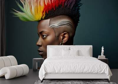 Portrait of a black person wearing a colorful mohawk. Generative AI. Wall mural