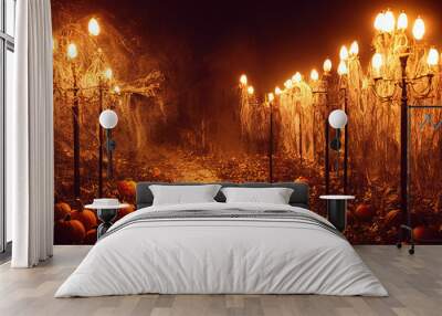 Scary alley with candles and pumpkins, Halloween Wall mural