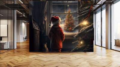 Young kid dressed as Santa, looking at a Christmas tree through the window. Cute illustration. Wall mural