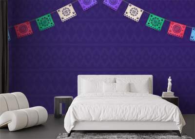 3d realistic colorful papel picado hangs against a purple background with hispanic geometric patterns. Banner with Mexican paper cut flags, buntings, garlands Wall mural