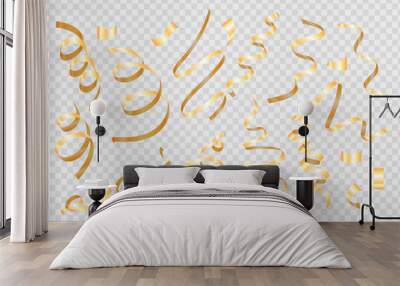 Collection of falling glossy spiral curled tinsel, yellow festive confetti for party, celebration. Set of 3d realistic golden party streamers, coil ribbon serpentine isolated on transparent background Wall mural