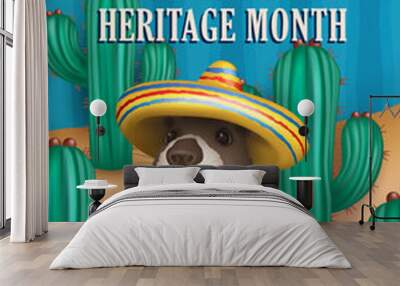 National Hispanic heritage month greeting card with 3d  cartoon Scarlet Macaw parrot and cute fluffy capybara wearing a sombrero and holding maracas among cacti in a desert against blue background Wall mural