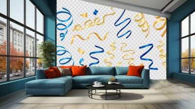 Set of realistic 3d colorful party streamers, coil ribbon serpentine on transparent background. Falling golden and blue spiral curled tinsel, vector festive confetti isolated  for celebration event Wall mural