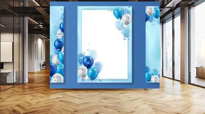 Set of vertical banners with 3d realistic blue and white glossy balloons and confetti ribbons decoration with blank space for greeting text. Posters design for birthday, celebration party, invitation Wall mural