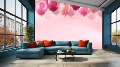 Template of header with 3d pink realistic balloons with confetti ribbons frame and empty space for greeting text or invitation. Cute panoramic banner for celebration, sale, opening, holiday, wedding Wall mural