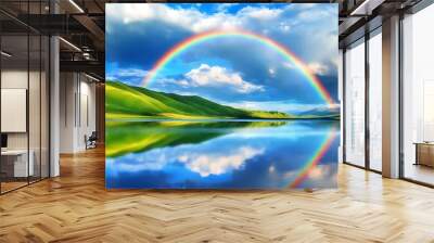 Fantasy Sky Rainbow on Green Hills and Beautiful Lake Scene Wall mural