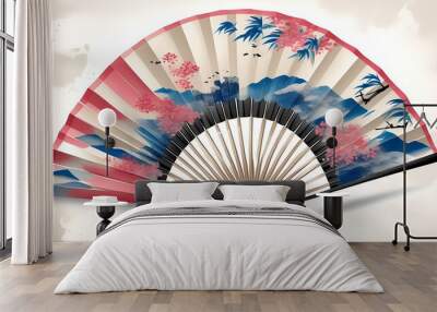 Japanese-style folding fan with traditional ink painting art. Wall mural