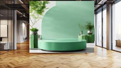 Modern Home Green Design with Simple Round Table and Plant Decor. Wall mural