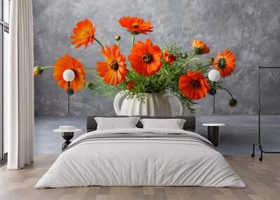 Orange flowers blooming in a stylish vase, showcasing modern interior design. Wall mural