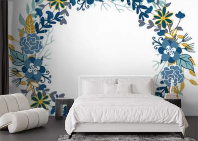 Round nature frame with blue and yellow flowers and leaves Wall mural