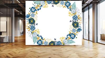 Round nature frame with blue and yellow flowers and leaves Wall mural