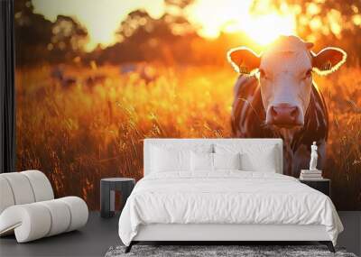 A curious black and white Holstein cow in a golden sunset pasture. Wall mural