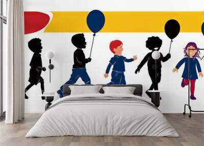 A diverse group of children joyfully running with balloons. Wall mural