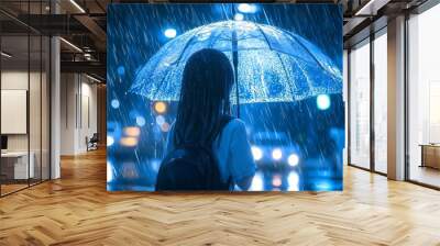 A young woman with a backpack holds a blue umbrella in the rain at night. Wall mural