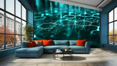 Abstract digital background of glowing hexagons and data strings in cool tones. Wall mural