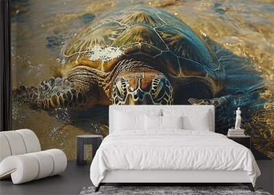 Close-up of a majestic green sea turtle swimming gracefully in clear waters. Wall mural