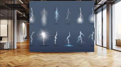 Collection of lightning bolts on a dark background, showcasing various styles and effects. Wall mural