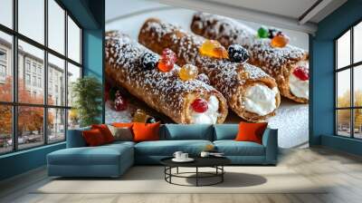 Delicious dessert rolls with cream and colorful gummies, beautifully presented on a plate. Wall mural