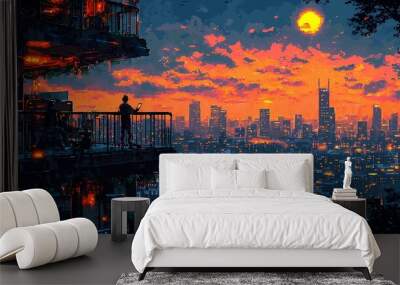 Silhouetted figure enjoying a sunset view from a balcony in a vibrant cityscape. Wall mural