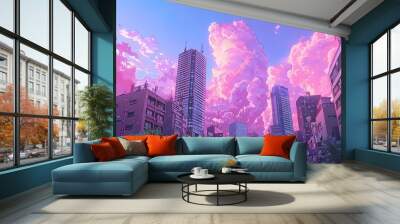 Stunning urban skyline at dusk with vibrant pink clouds lighting up the sky. Wall mural