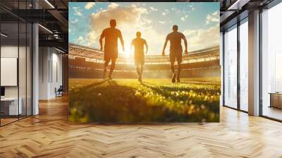 Three male soccer players walking towards the stadium at sunset. Wall mural