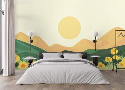 Vibrant sunflowers bloom under a warm, glowing sun in a serene landscape. Wall mural