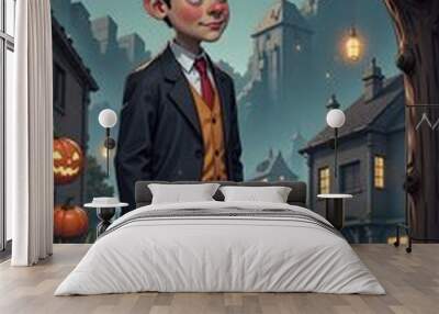 Young boy in a dapper costume stands in a spooky Halloween setting. Wall mural